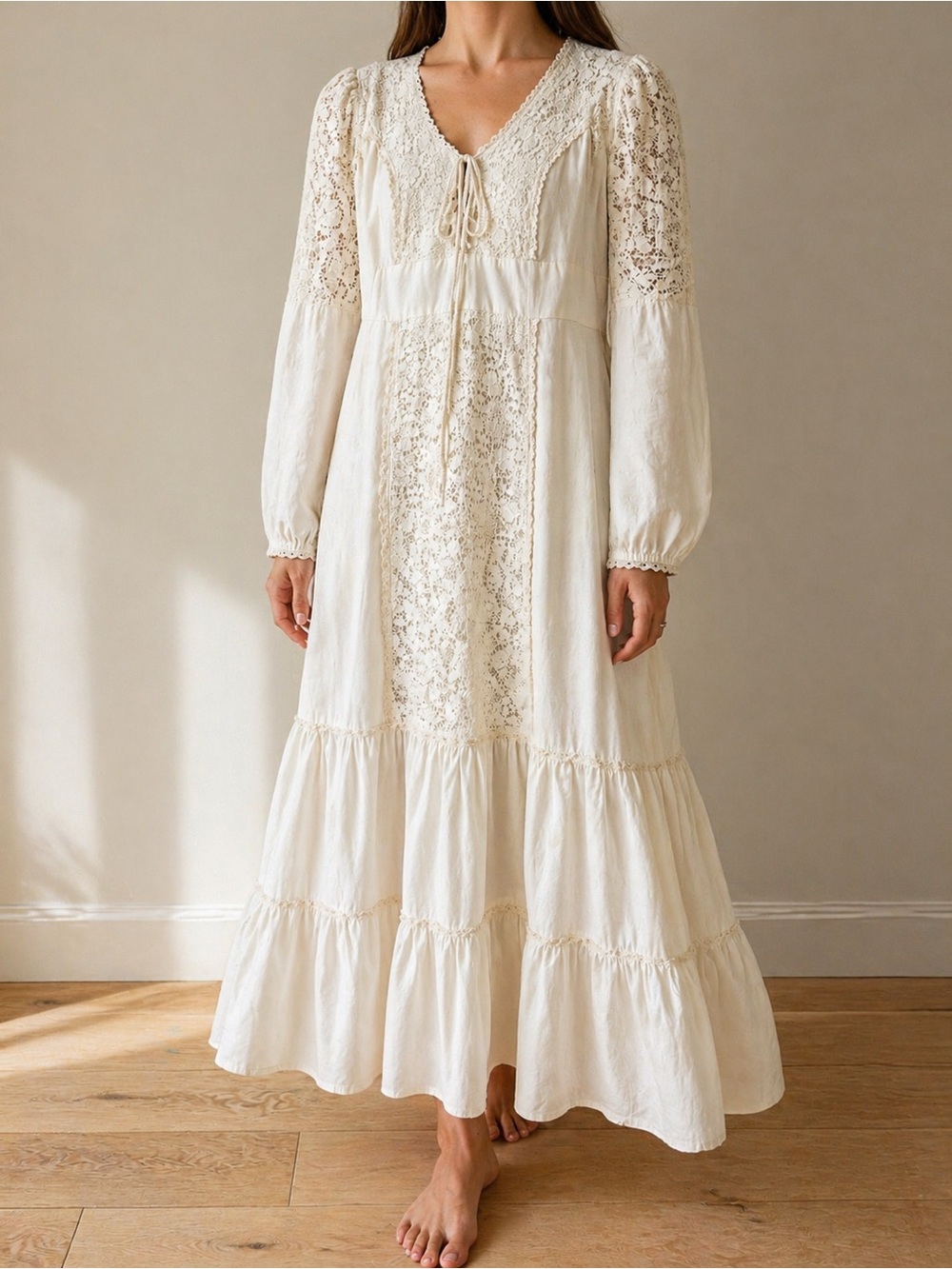 VTG Gunne Sax Peasant Victorian Maxi Long Sleeve Dress White Cream Large DAMAGED